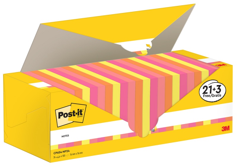 Karteczki samoprzylepne POST-IT® (654-NP24), 76x76mm, 100 kart./bloczek, 21 + 3 bloczki GRATIS, mix kolorów neonowych - obrazek 3
