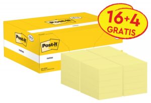 Karteczki samoprzylepne POST-IT® (653CY-VP20), 38x51mm, 100 kart./bloczek, 16 + 4 bloczki GRATIS, kanarkowo żółte