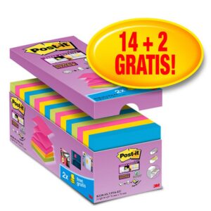 Karteczki samoprzylepne POST-IT® Super  Sticky Z-Notes (R330-SS-VP16), 76x76mm, 90 kart./bloczek, 14+2 bloczki, mix kolorów