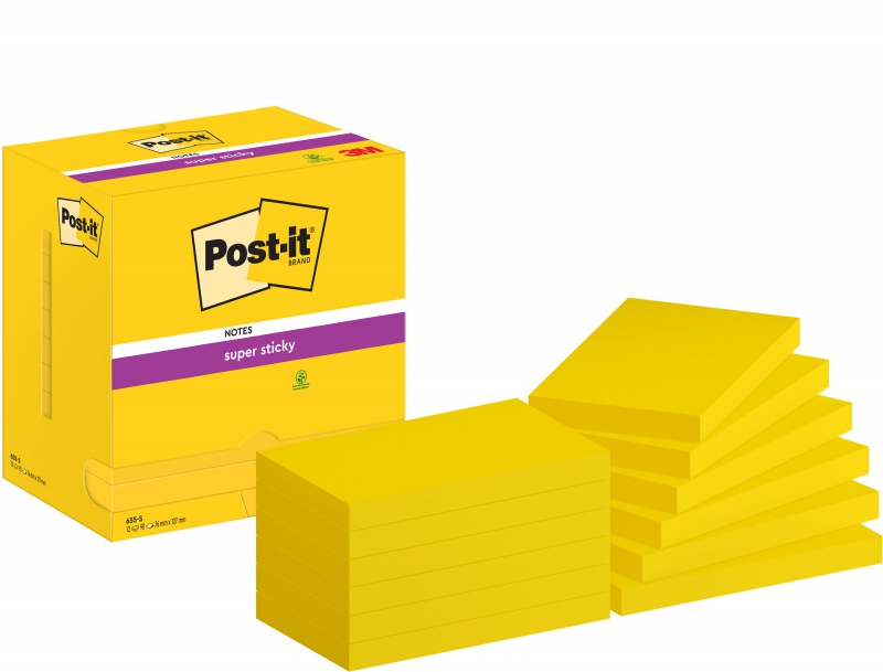 Karteczki samoprzylepne POST-IT® Super Sticky (655-12SSCY-EU), 127x76mm, 12x90 kart., żółte