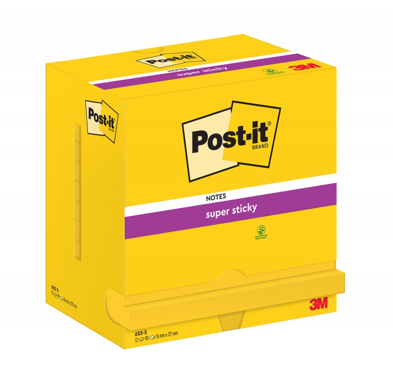 Karteczki samoprzylepne POST-IT® Super Sticky (655-12SSCY-EU), 127x76mm, 12x90 kart., żółte - obrazek 2