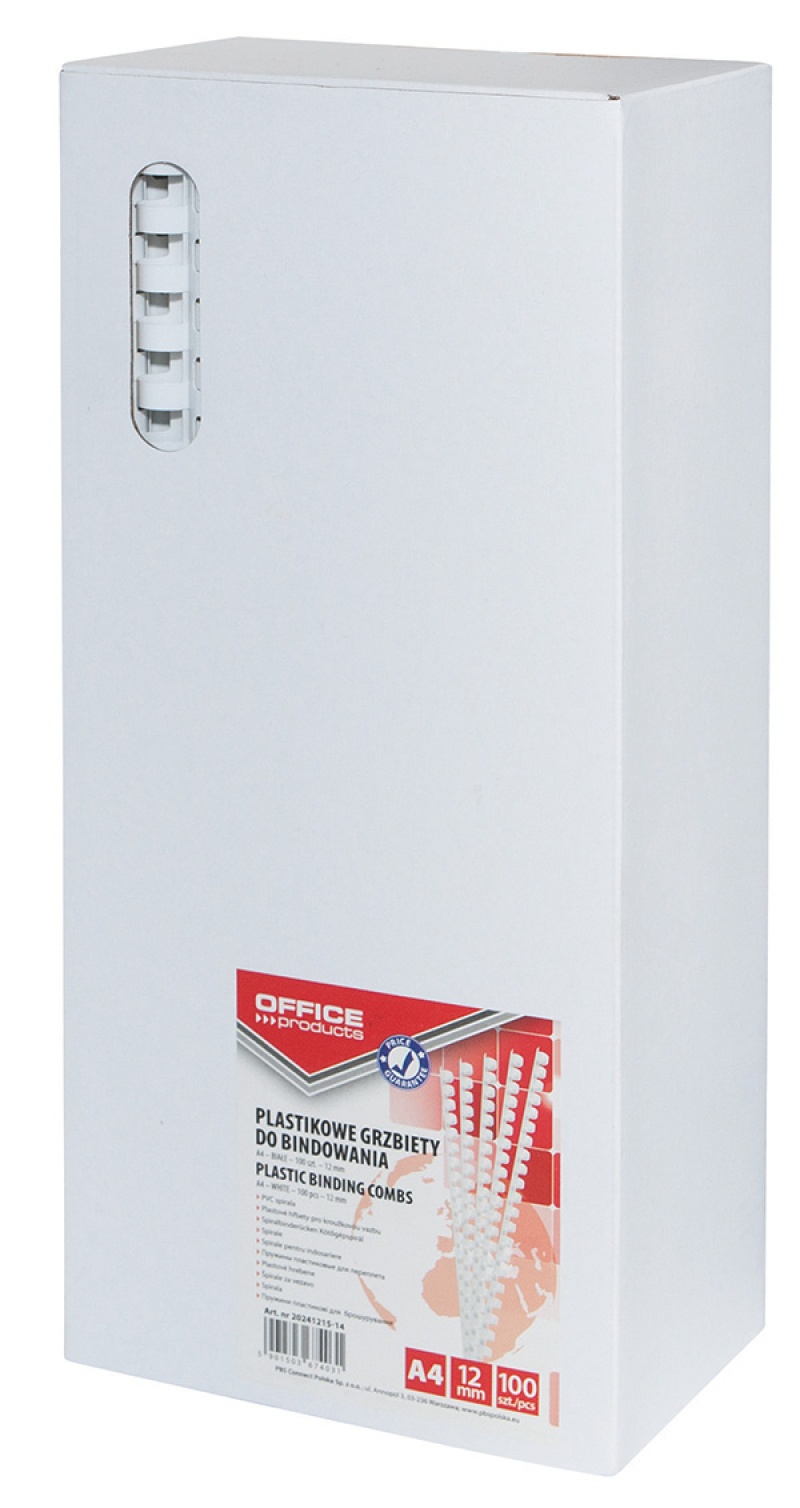 Grzbiety do bindowania OFFICE PRODUCTS, A4, 12mm (95 kartek), 100 szt., białe - obrazek 2