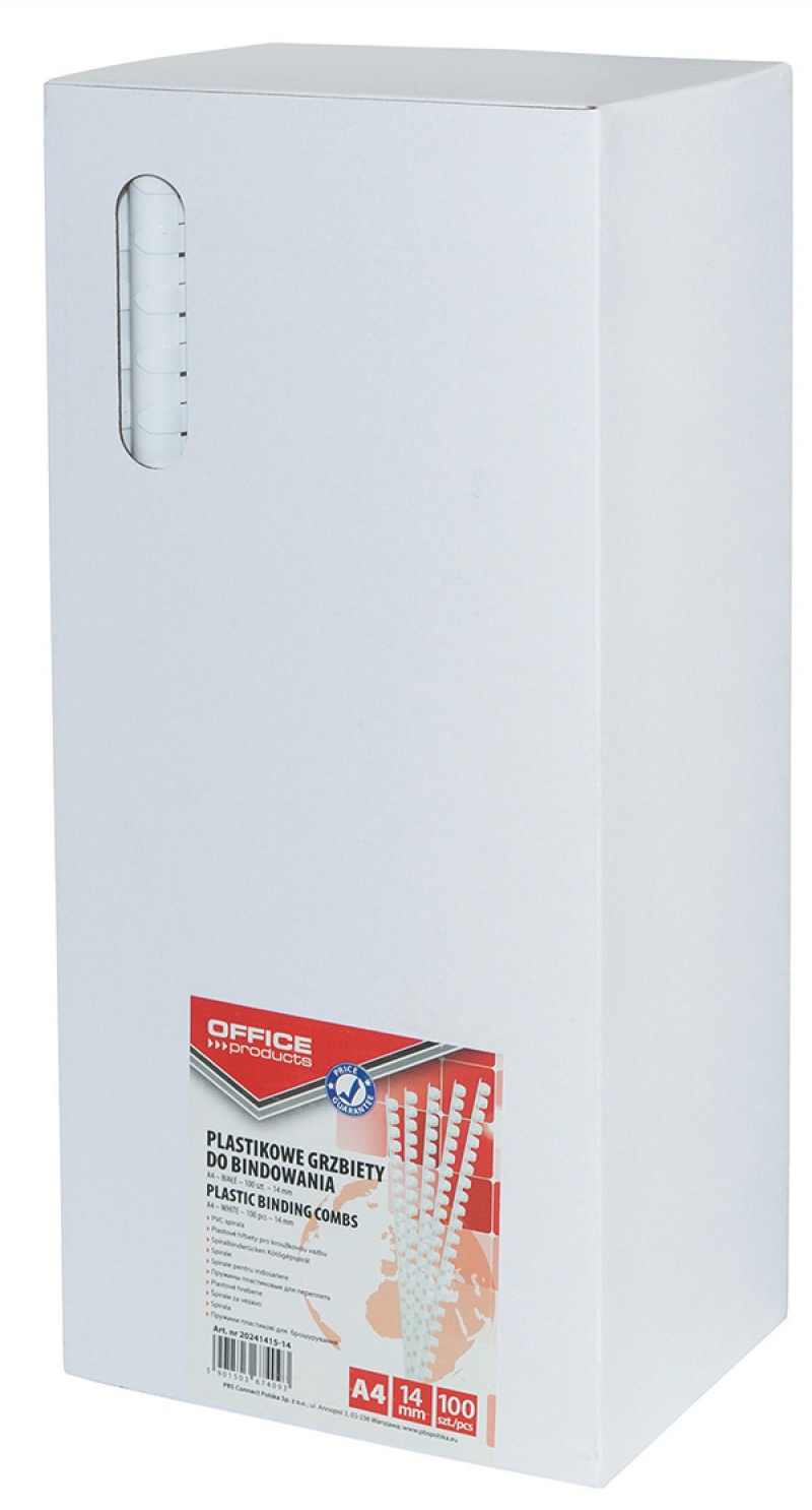 Grzbiety do bindowania OFFICE PRODUCTS, A4, 14mm (125 kartek), 100 szt., białe - obrazek 2