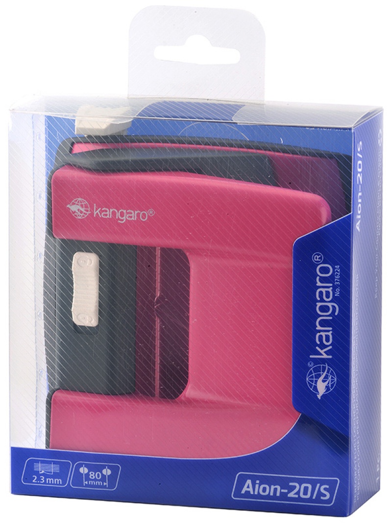 Dziurkacz KANGARO Aion-20/S, dziurkuje do 20 kartek, metalowy, w pudełku PP, różowy - obrazek 2