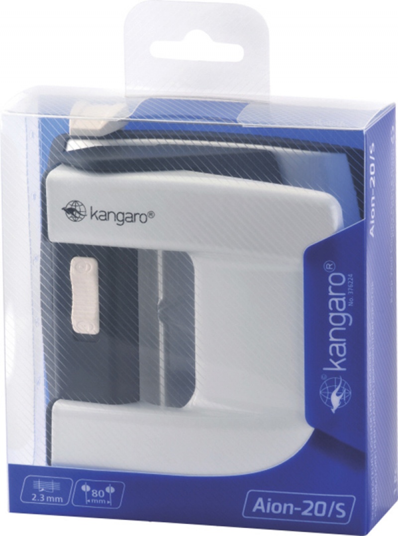 Dziurkacz KANGARO Aion-20/S, dziurkuje do 20 kartek, metalowy, w pudełku PP, metaliczny biały - obrazek 2