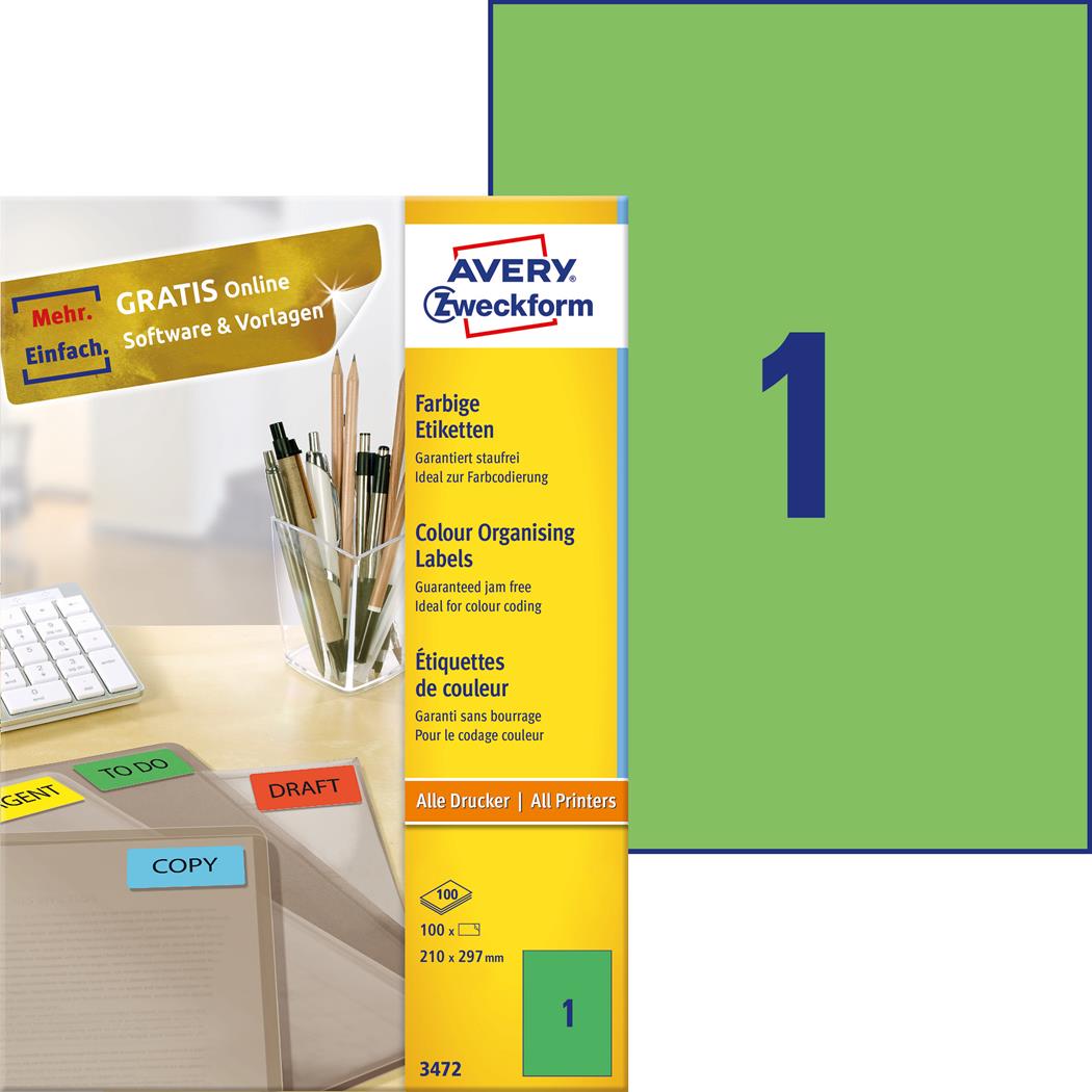 Trwałe etykiety zielone 3472 210 x 297 100 ark.