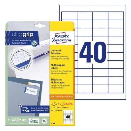 Trwałe etykiety uniwersalne; A4, 25 + 5 ark./op., 48,5 x 25,4 mm, białe