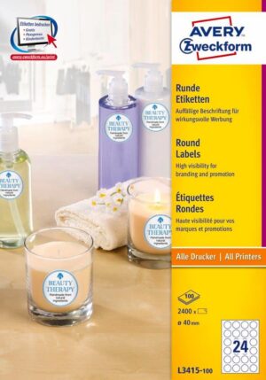 Etykiety o nietypowych kształtach; A4, 100 ark./op., Ø40 mm, białe