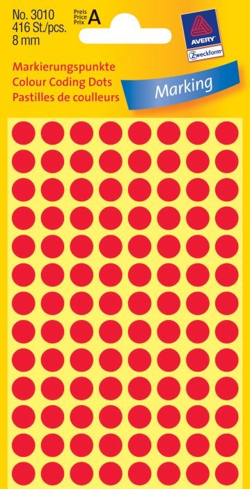 Kółka do zaznaczania Trwałe Avery Zweckform _8mm. 416szt./op. czerwone 3010