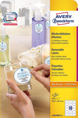 Etykiety owalne L6024REV-25 63.5 x 42.3 25 ark. Białe. usuwalne. Avery Zweckform