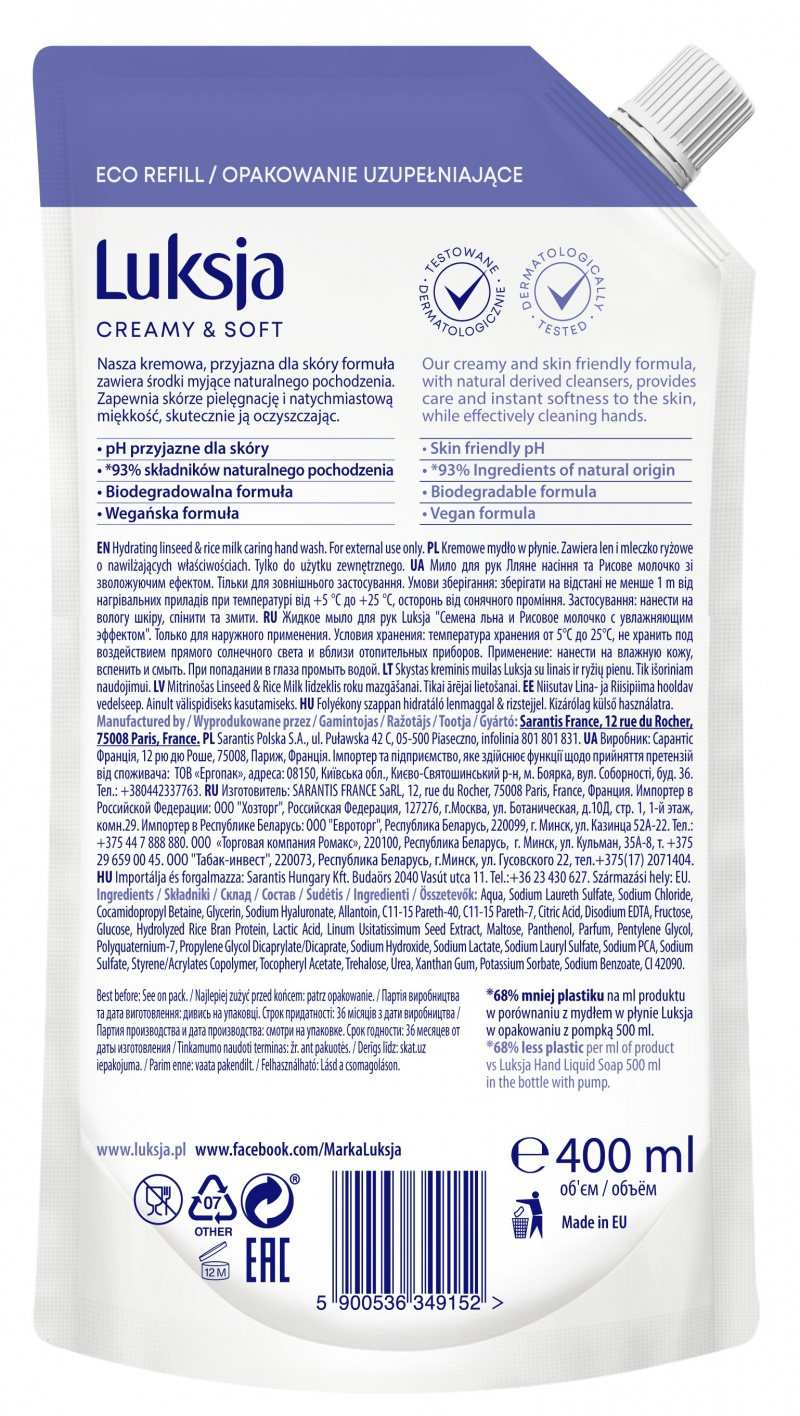 Kremowe mydło w płynie LUKSJA, len, zapas 400ml - obrazek 2