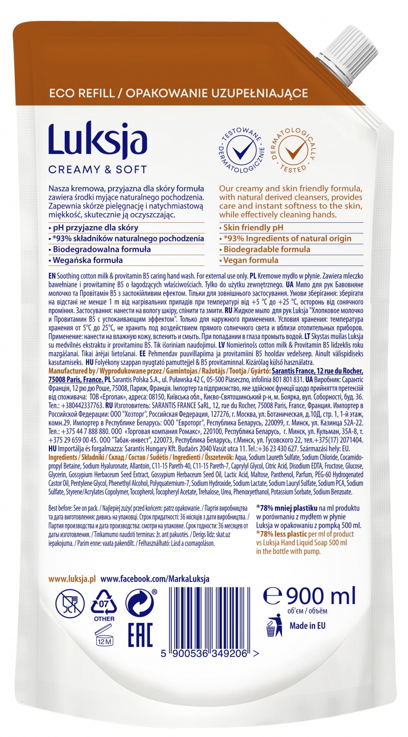 Kremowe mydło w płynie LUKSJA, bawełna, zapas 900ml - obrazek 2
