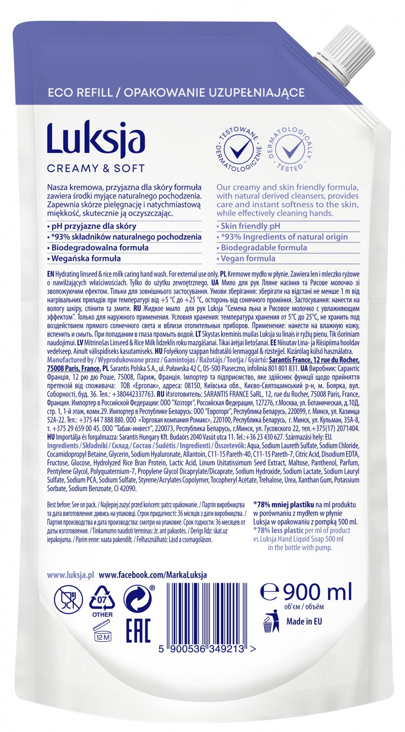 Kremowe mydło w płynie LUKSJA, len, zapas 900ml - obrazek 2