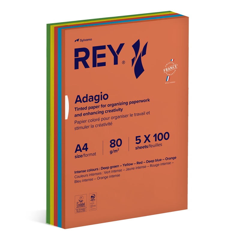 Papier ksero REY ADAGIO, A4, 80gsm, mix kolorów intens, *RYADA080X906 R200, 5x100 ark.