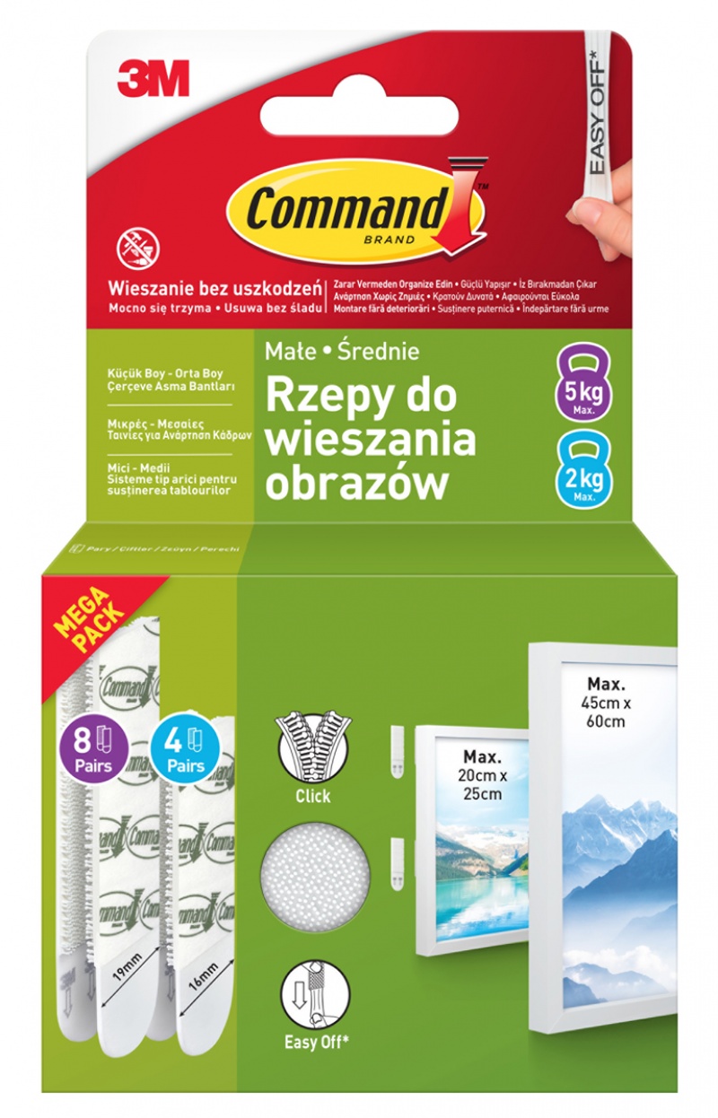Rzepy COMMAND™ (17203WHI-12-PTGR-VP), do wieszania obrazów, małe i średnie, zestaw 4+8 par (24 rzepy), białe