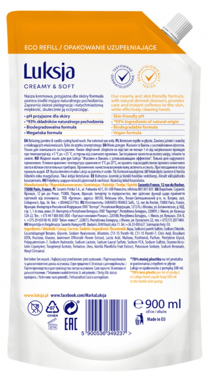 Kremowe mydło w płynie LUKSJA, jaśmin, zapas 900ml - obrazek 2