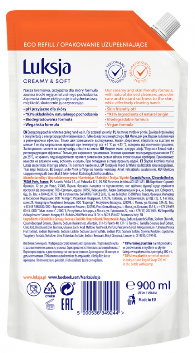 Kremowe mydło w płynie LUKSJA, brzoskwinia, zapas 900ml - obrazek 2