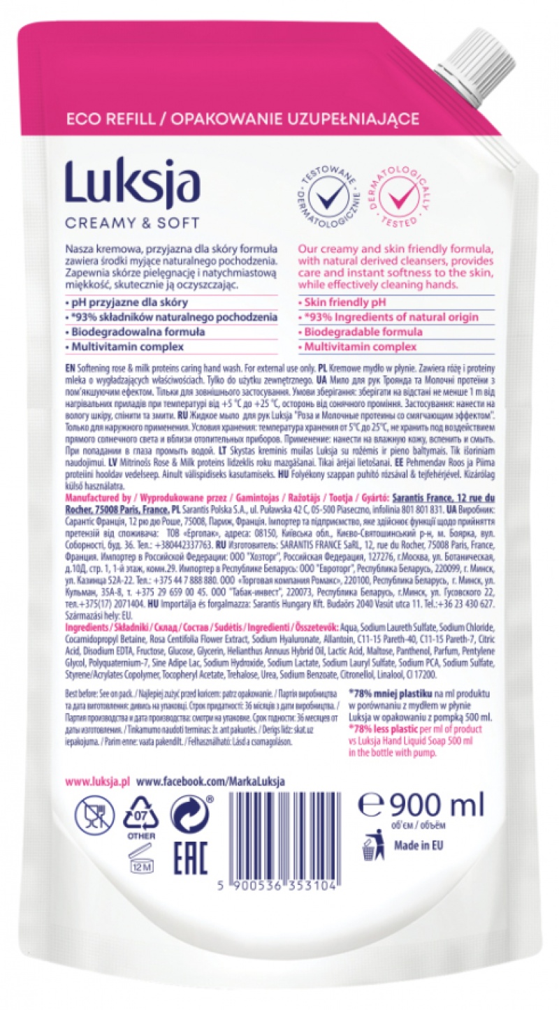 Kremowe mydło w płynie LUKSJA, róża, zapas 900ml - obrazek 2