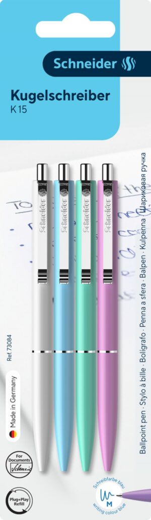 Długopis automatyczny SCHNEIDER K15, M, 4 szt., blister, mix kolorów pastelowych