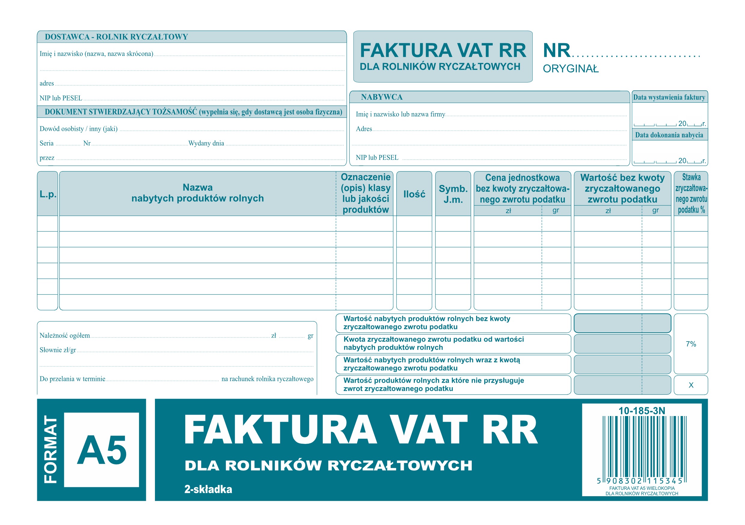 185-3N Faktura VAT RR A5 80kartek