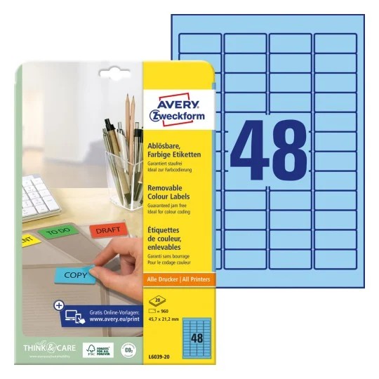 Etykiety usuwalne kolorowe; A4, 20 ark./op., 45,7 x 21,2 mm, niebieskie