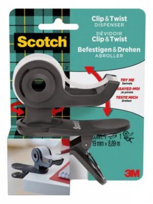 Dyspenser do taśm SCOTCH® Clip&Twist (C-19-CLIP-B), w zestawie taśma Magic, 19mmx8,89m, szary