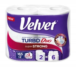 Ręcznik w roli celulozowy VELVET Turbo Duo, 3-warstwowy, 2 rolki po 165 listków, biały