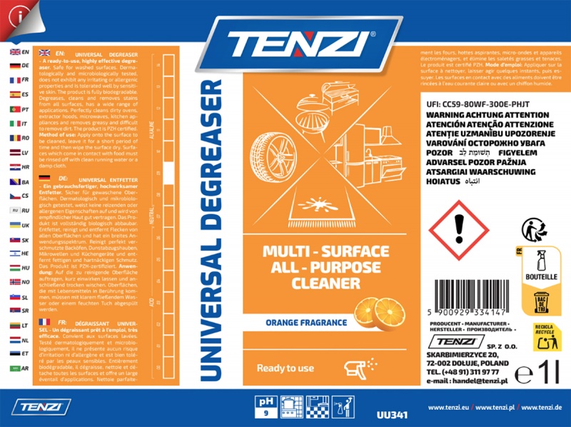 Uniwersalny preparat do usuwania tłuszczu TENZI, zapach pomarańczy, anglojęzyczna etykieta, 1l - obrazek 2