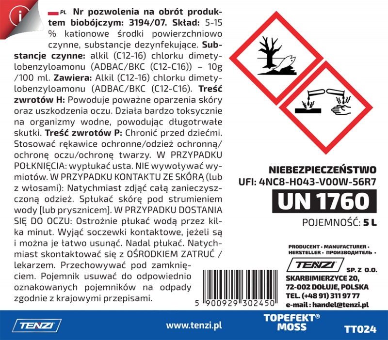 Preparat biobójczy do usuwania grzybów, mchów, glonów TENZI, Topefekt Moss, 5l - obrazek 3