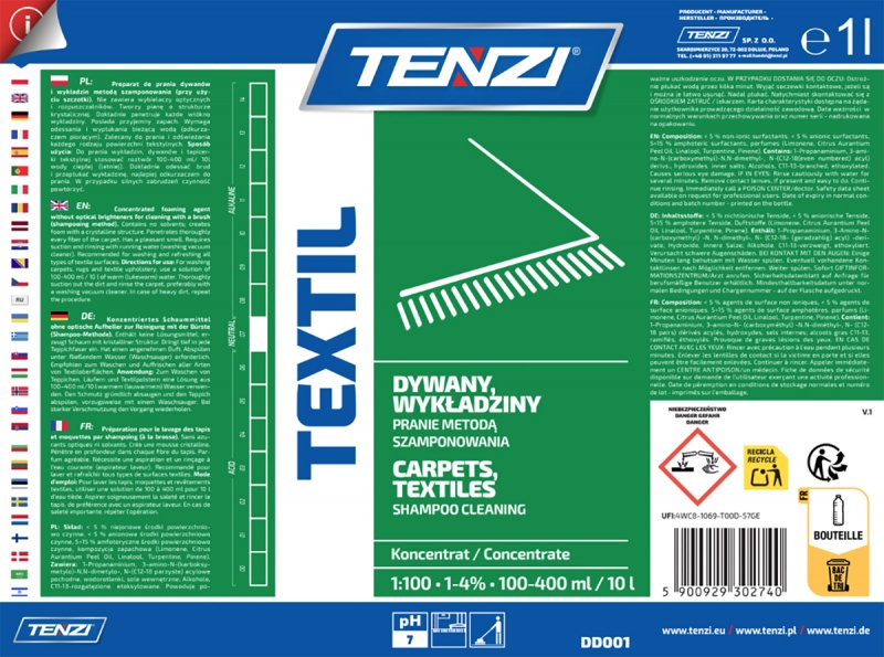 Preparat do prania wykładzin i tekstyliów metodą szamponowania TENZI, Textil, 1l - obrazek 2