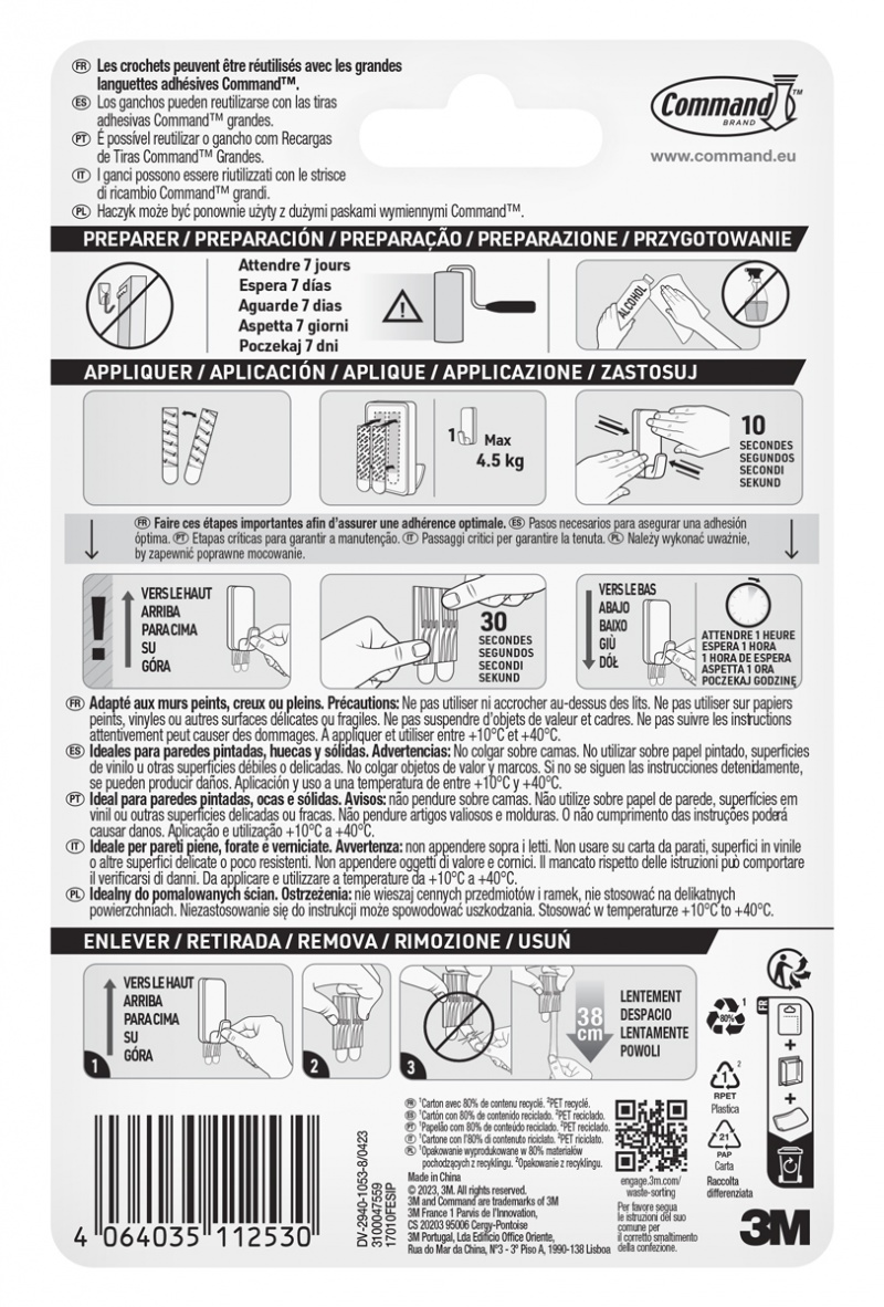Haczyk COMMAND™ (17010FESIP), XL do ciężkich przedmiotów do 4,5kg, 1 haczyk + 2 paski, biały - obrazek 8