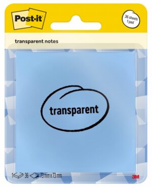 Przezroczyste karteczki samoprzylepne POST-IT Transparent Notes (600-1TRSPB), 73x73mm, 36 kart., pastelowe niebieskie