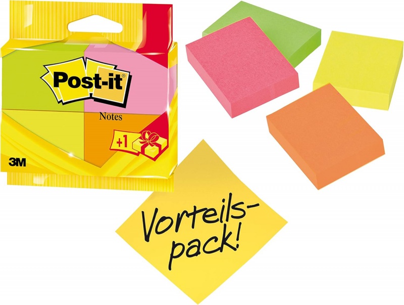 Karteczki samoprzylepne POST-IT®, 38x51mm, 3x100 kartek + 1 bloczek, mix kolorów