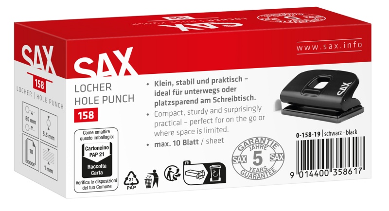 Dziurkacz SAX 158 EasyPro XS, dziurkuje do 10 kartek, czarny - obrazek 3