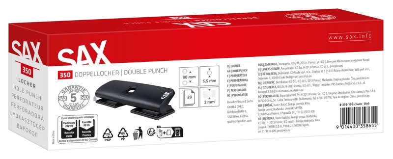 Dziurkacz SAX 350 EasyPro M Double, dziurkuje do 20 kartek, 4 otwory, czarny - obrazek 3
