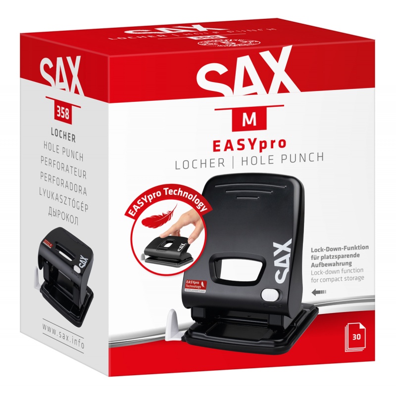 Dziurkacz SAX 358 EasyPro M, dziurkuje do 30 kartek, czarny - obrazek 3