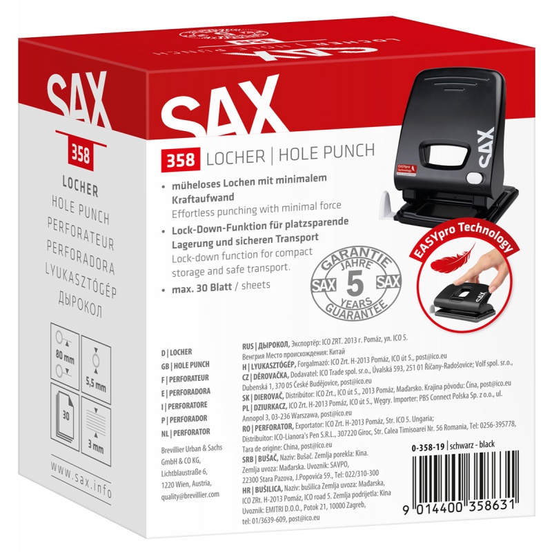 Dziurkacz SAX 358 EasyPro M, dziurkuje do 30 kartek, czarny - obrazek 4