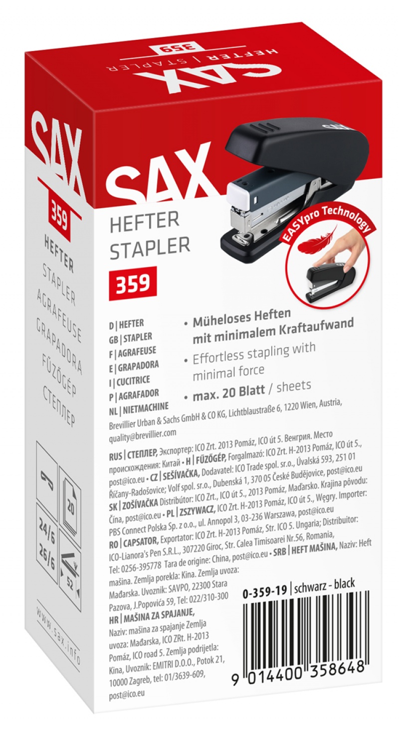 Zszywacz SAX 359 EasyPro M, zszywa do 20 kartek, 24/6, 26/6, czarny - obrazek 3