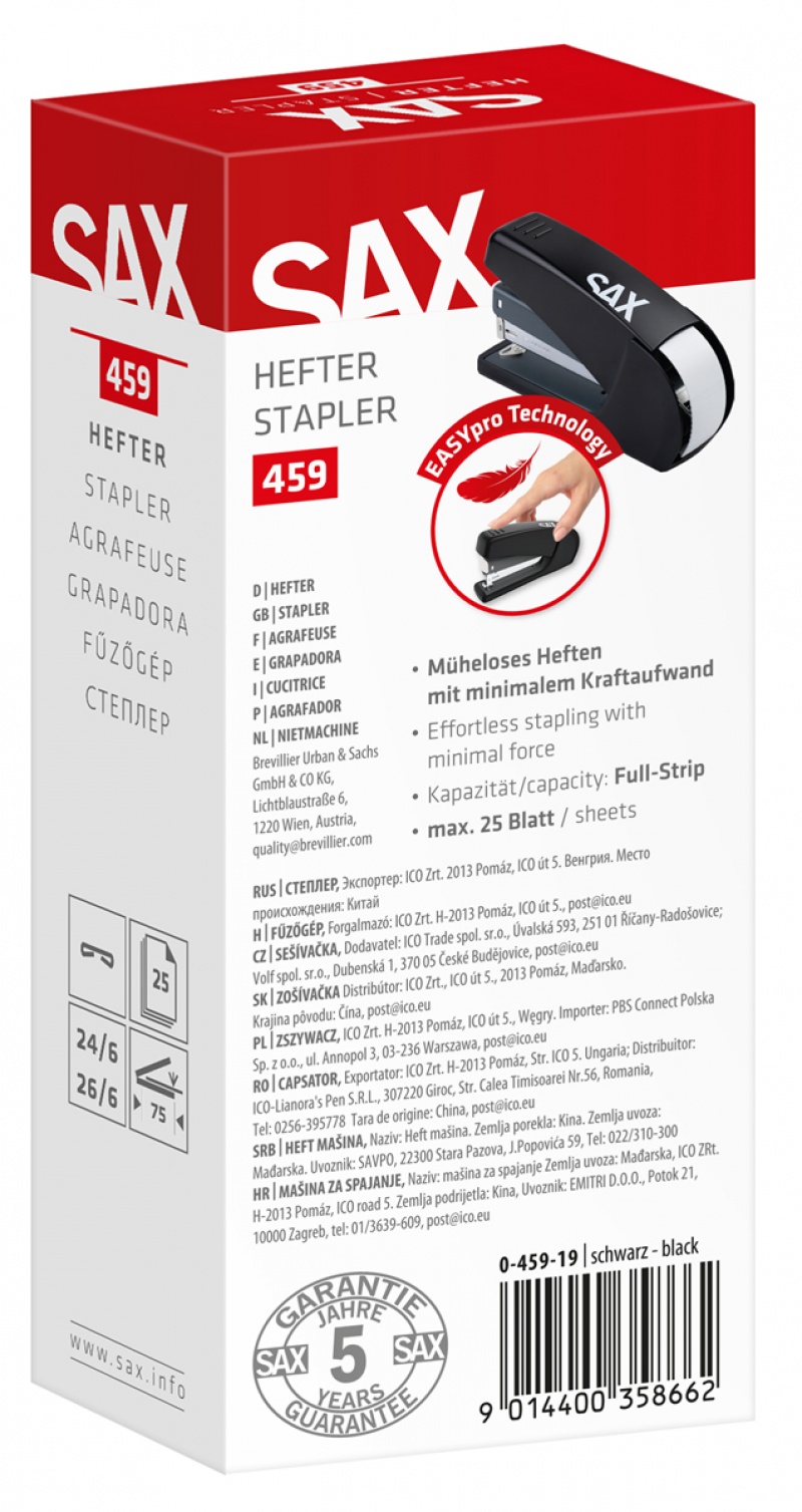 Zszywacz SAX 459 EasyPro M+, zszywa do 25 kartek, 24/6, 26/6, czarny - obrazek 4