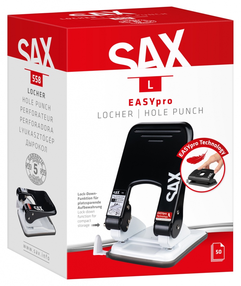Dziurkacz SAX 558 EasyPro L, dziurkuje do 50 kartek, czarny - obrazek 3