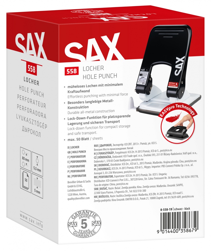 Dziurkacz SAX 558 EasyPro L, dziurkuje do 50 kartek, czarny - obrazek 4