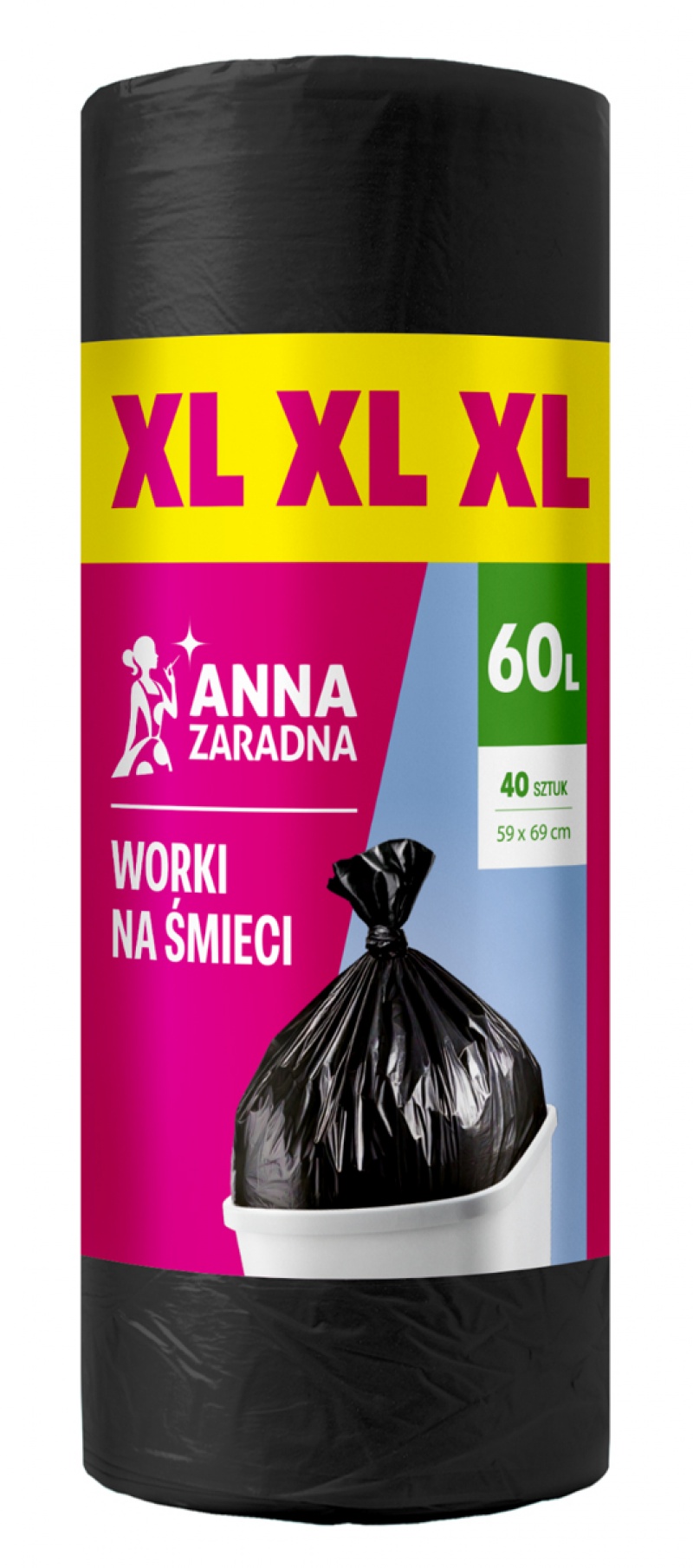 Worki na śmieci ANNA ZARADNA XL, wytrzymałe, 60l, 40 szt., czarne