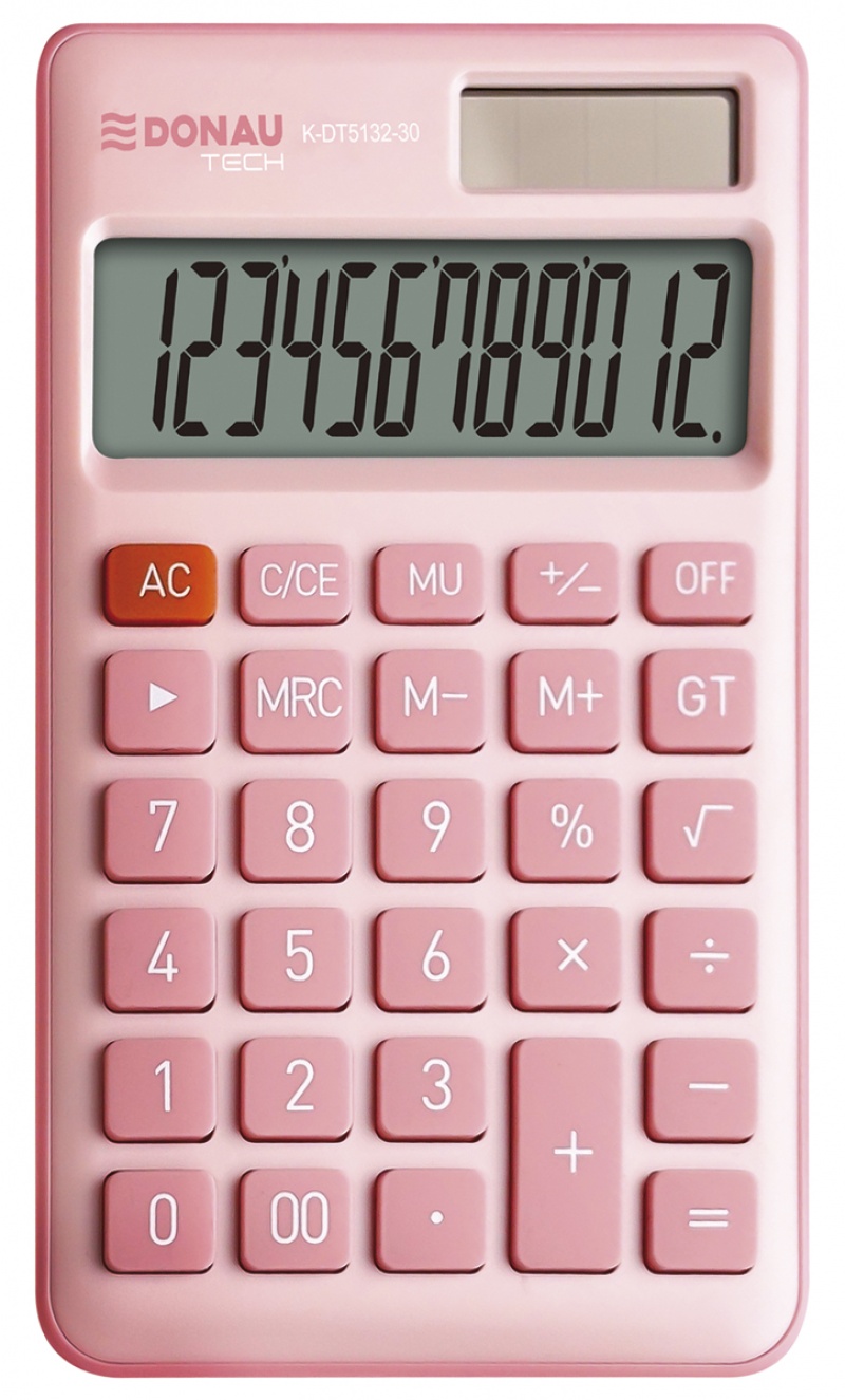 Kalkulator biurowy DONAU TECH, 12-cyfr. wyświetlacz, funkcja pierw., GT, wym. 137x84 mm, różowy