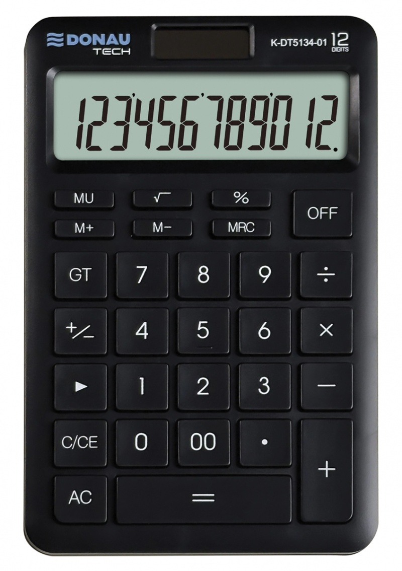 Kalkulator biurowy DONAU TECH, 12-cyfr. wyświetlacz, funkcja pierw., GT, wym. 166x104 mm, czarny