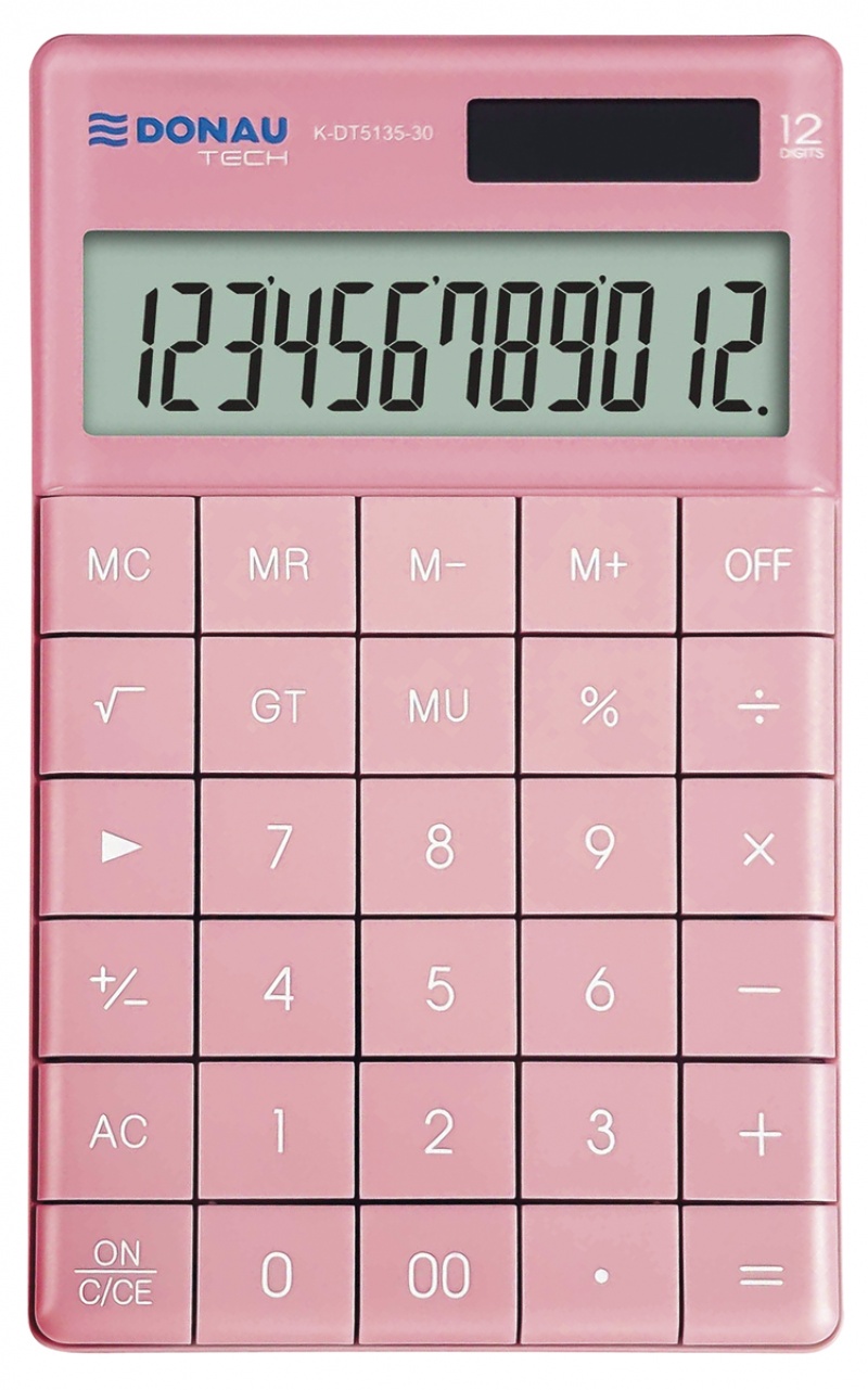 Kalkulator biurowy DONAU TECH, 12-cyfr. wyświetlacz, funkcja pierw., GT, wym. 166x100 mm, różowy
